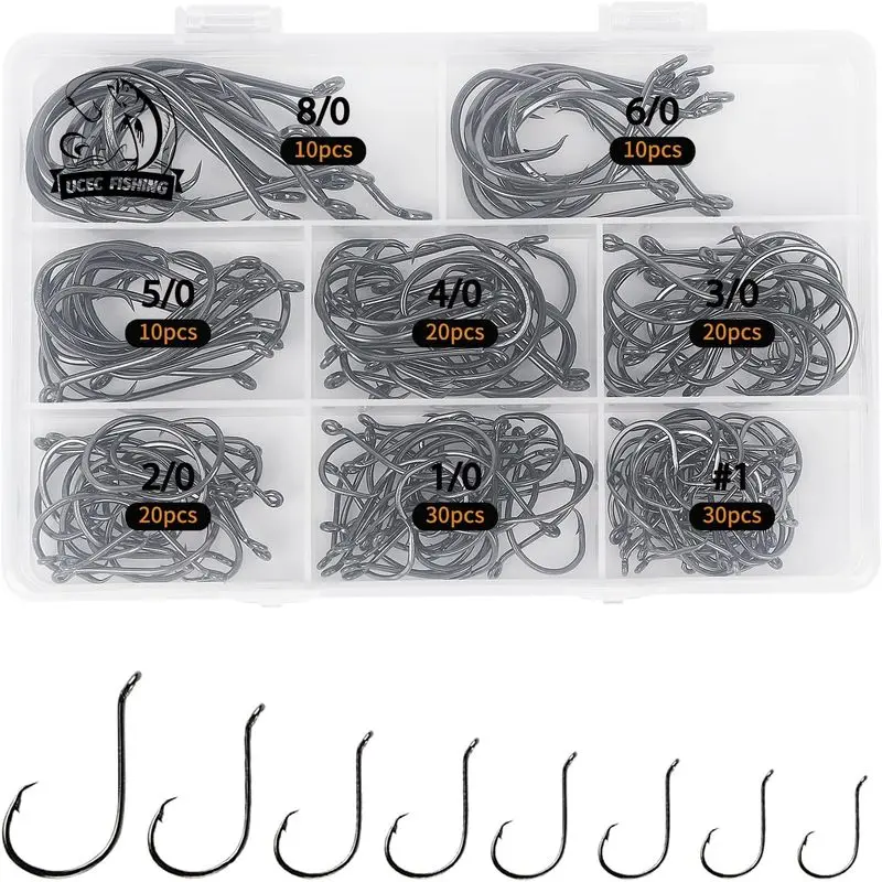 outdoor sports UCEC Circle Hooks Fishing Hooks 2X Strong Offset Circle Hooks Saltwater Black High Carbon Steel Octopus Catfish Hooks Fishing Gear Tackle 150pcs/ 240pcs - Size:#1 1/0 2/0 3/0 4/0 5/0 6/0 8/0