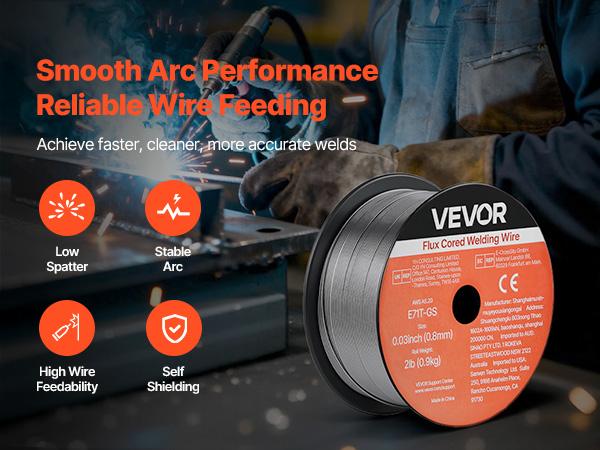 VEVOR Welder Flux Core MIG Wire, E71T-GS 0.03" Gasless Mild Steel Wire (2 lbs per Roll), Low Spatter for All-Position Arc Welding, Self-Shielded for Outdoor Use (3-Roll Pack), 0.03" Wire