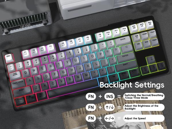 FREEWOLF M87 Wireless/BT Dual Modes Manbrane Gaming Keyboard 87 Keys Layout Type-C Rechargeable PBT Keycaps with Cool Rainbow Backlit  for PC Mac Linux