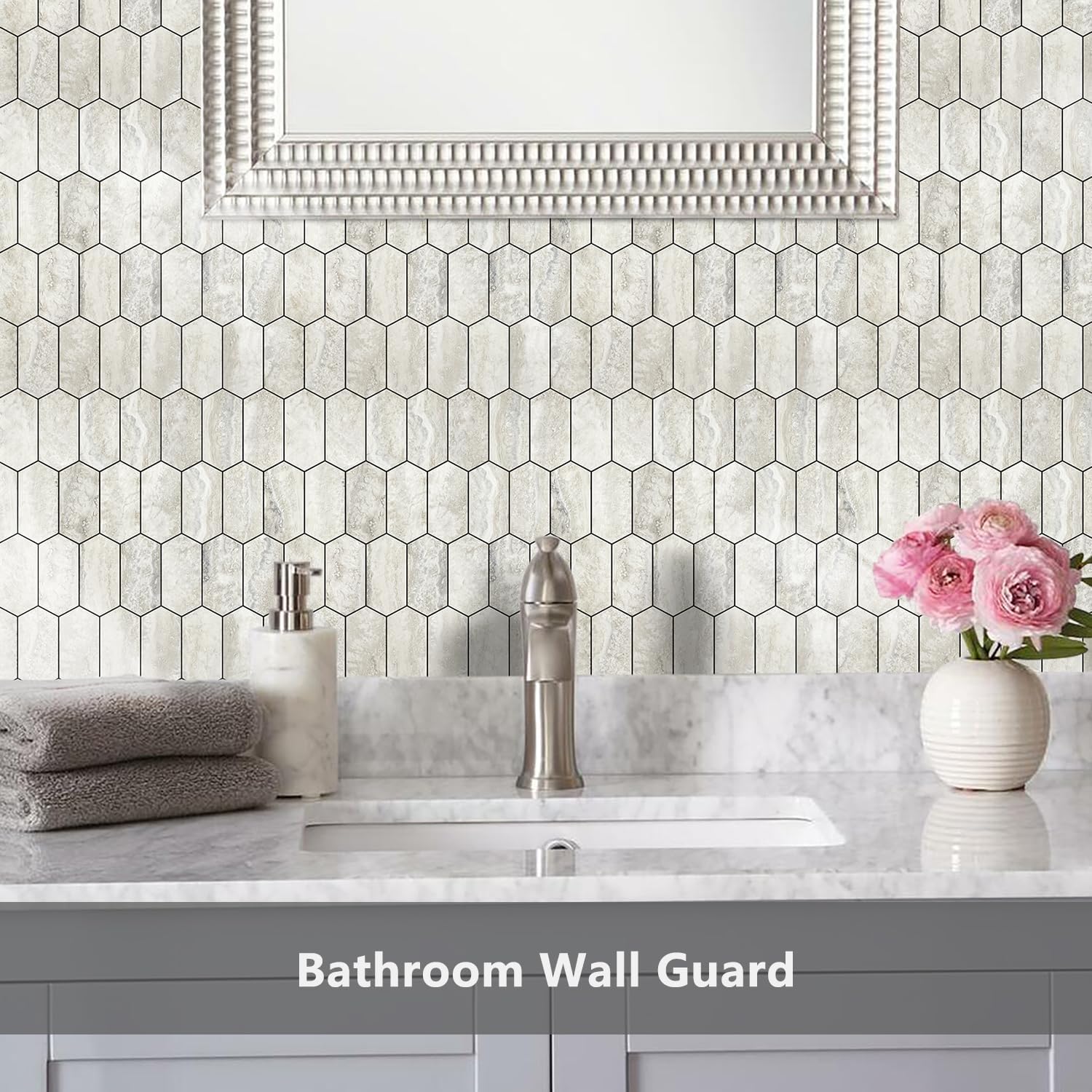 Vamos Tile Long Hexagon Peel and Stick Backsplash Tile - 10 Sheets Stick on Backsplash for Kitchen and Bathroom 12.4 x 12 Inch Beige Slate Look PVC Self Adhesive Mosaic Wall Tiles