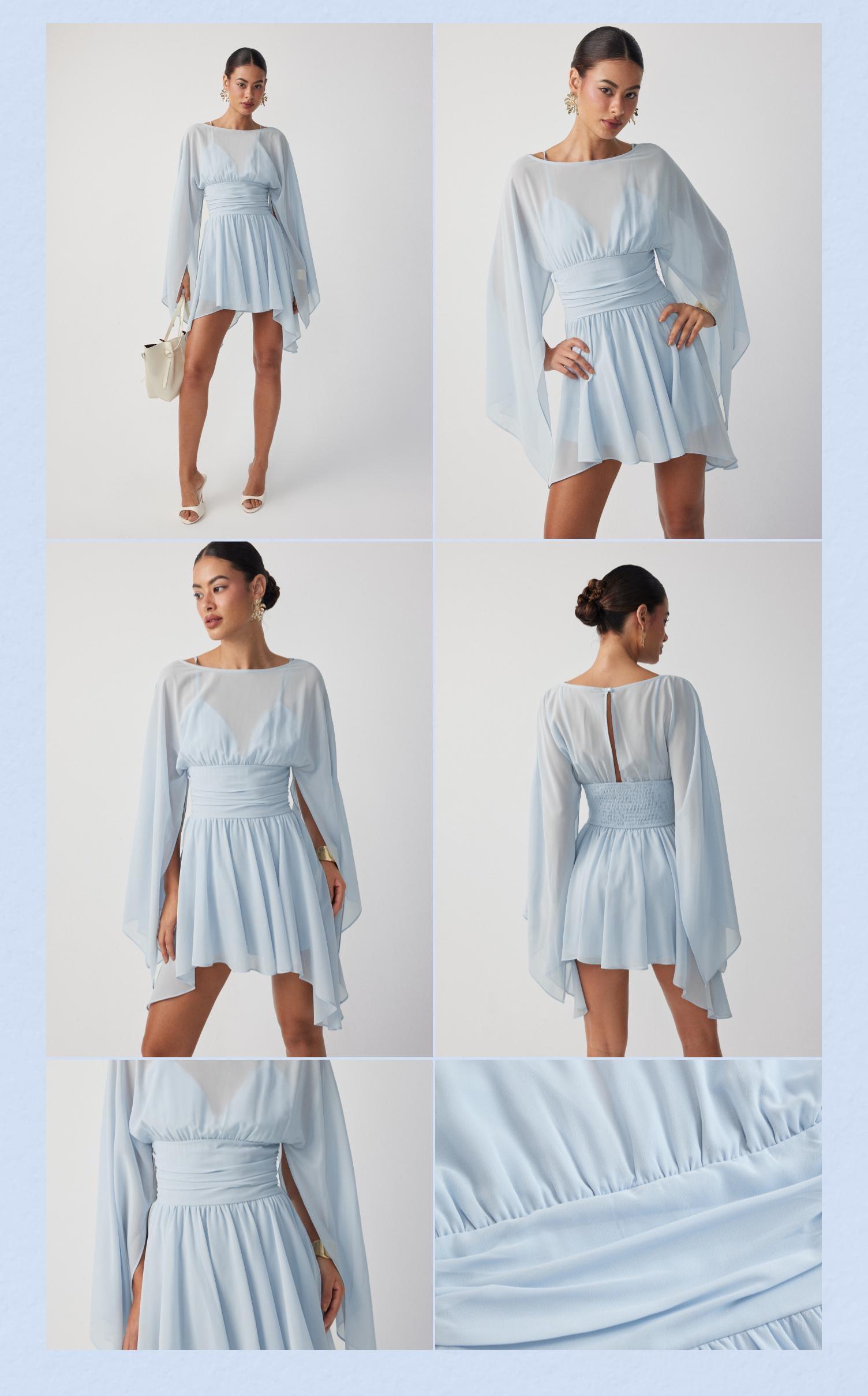 Cider Chiffon Boat Neck Cloak Sleeve Hanky Hem Smocked Oversized Romper
