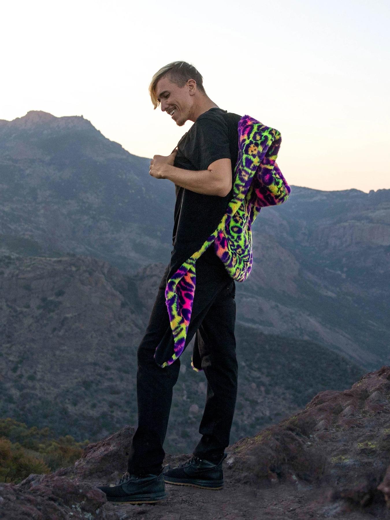 Men's Street Style Vest Short Neon Leopard Faux Fur Jacket, Hooded Windproof Warm Coat, Soft Polyester Interior, Spring & Fall Fashion