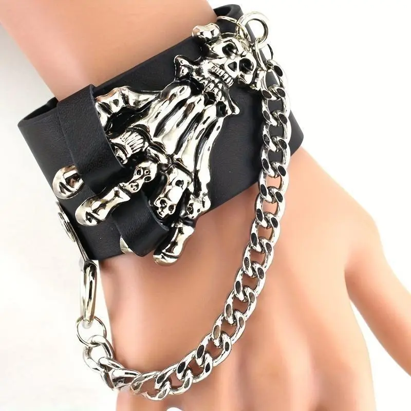 Unisex Gothic 2-Piece Durable Bracelet Set - Wide PU Leather Strap Black Bracelet, Skull Hand Chain Casual Fashion Accessories for Streetwear Enthusiasts (Sports & Outdoor Protective Gear Accessory)