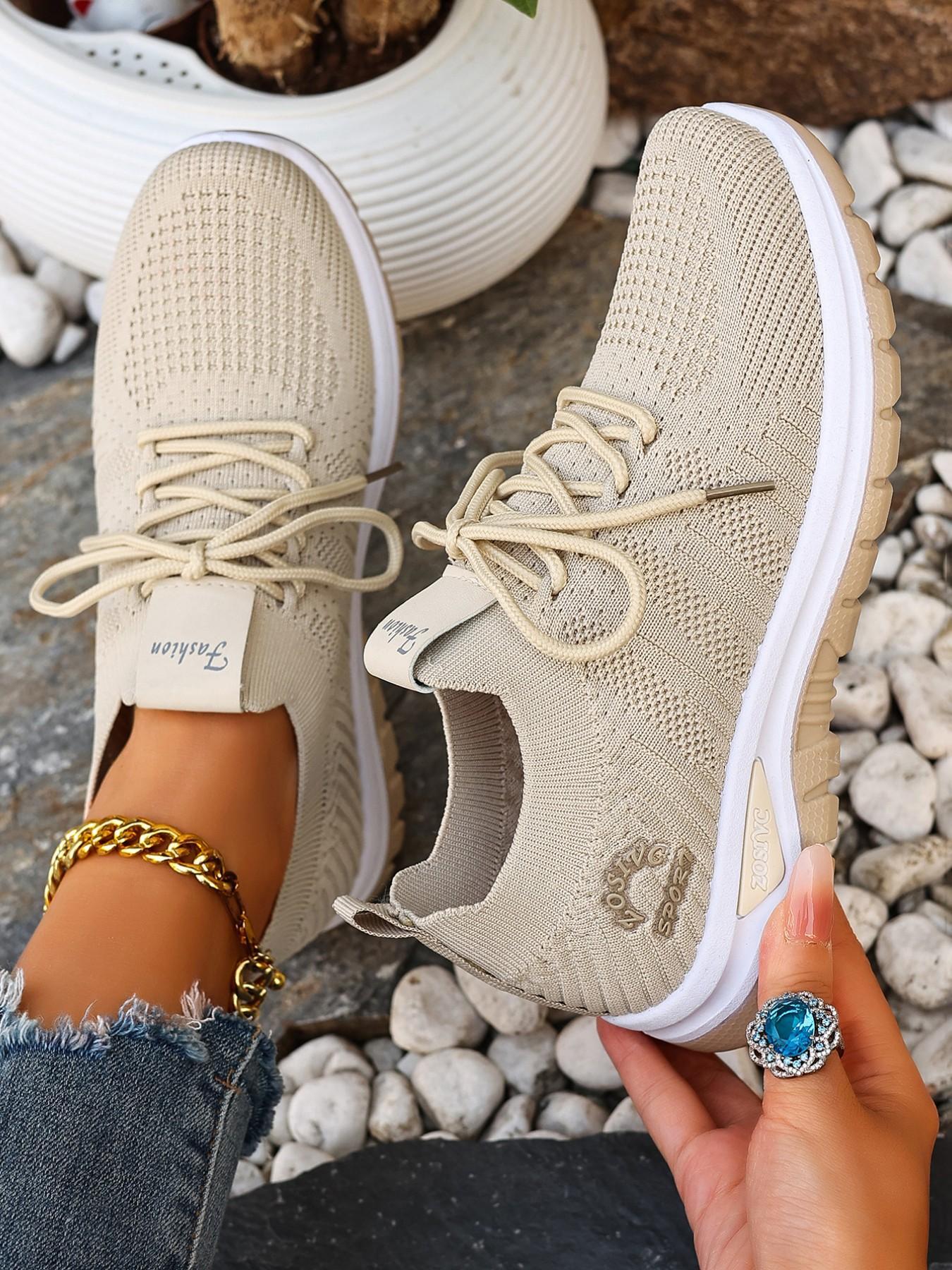 Women's New Casual Sports Shoes, Lace-Up Low-Top Comfort, Lightweight Soft Sole, Anti-Slip Walking Shoes, Knitted Running Shoes