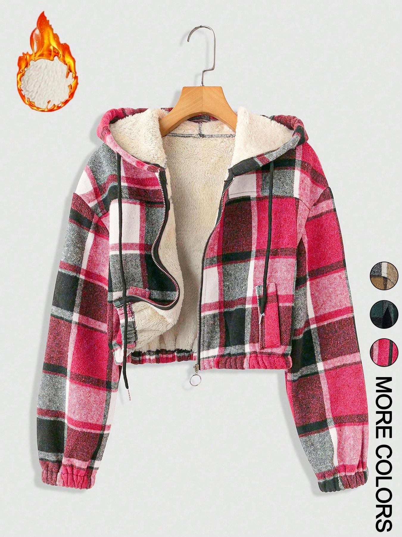 Women's Plaid Print Hooded Zipper Warm Lined Short Loose Fashionable Jacket, Long Sleeve Casual Outerwear, Fall & Winter Fashion Coat, Womenswear, Hoodie outerwear vacation style comfy chic sleek