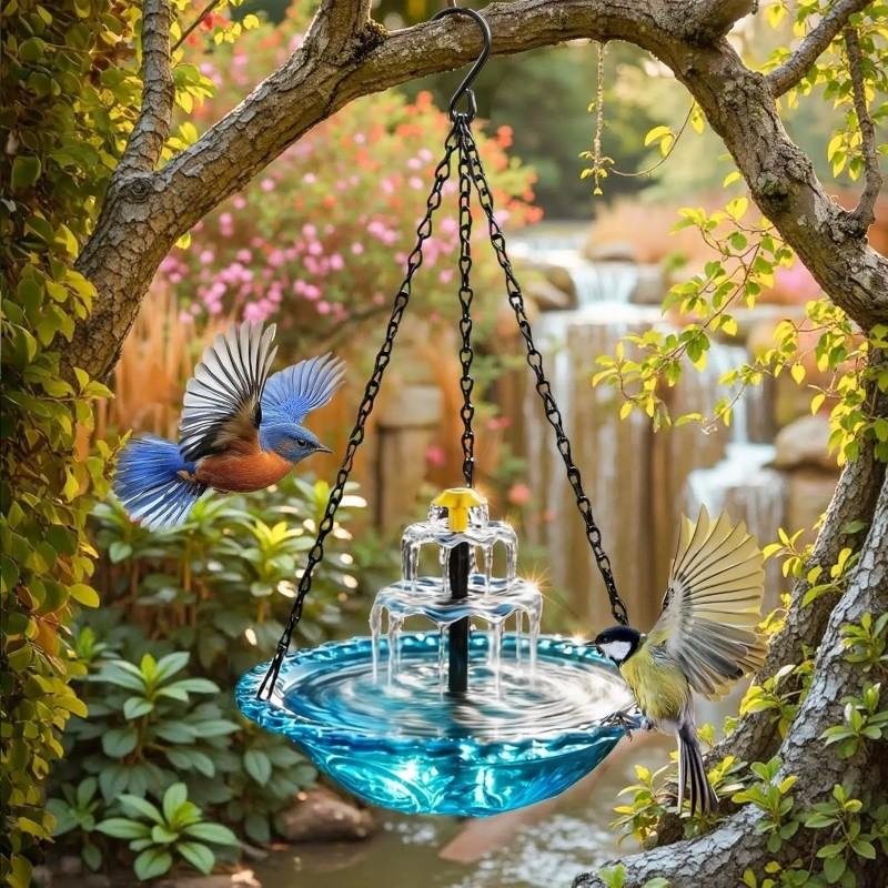 2026 Solar Cascade Hanging Bird Bath Fountain, a three-tier outdoor water feature for hummingbirds, easy to clean, Easy installation, with a 9.3-inch glass basin, equipped with a solar pump, attracting wild birds to the garden and terrace