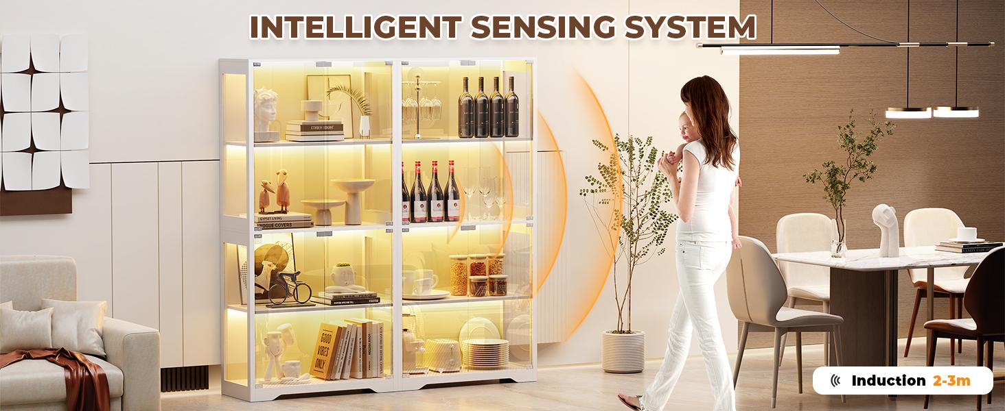 MIIFUNY Display Cabinet with Glass Doors, Storage Cabinet with 3 Color Light, 4-Tier Curio Cabinet Bookcase for Collectibles, Toys, Books, for Playroom, Bedroom, Study Room, White