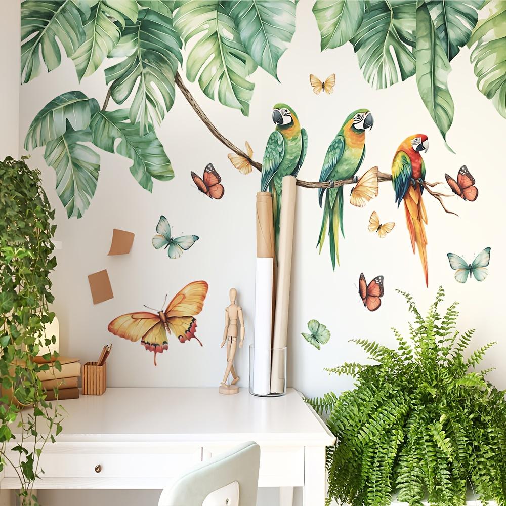 Tropical Leaf Parrot Wall Sticker, Plant Leaf Butterfly Bird Wall Sticker, Suitable for Bedroom Bathroom Kitchen Decor