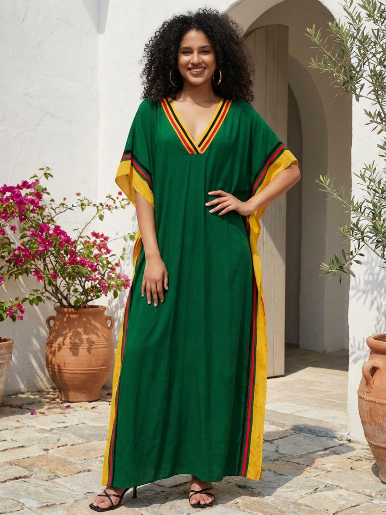 EDOLYNSA Striped Women's Casual Kaftan Long Dress Oversized Chic Bohemian House Robe Beachwear Vacation Bathing Suit Cover Up Lounge Wear