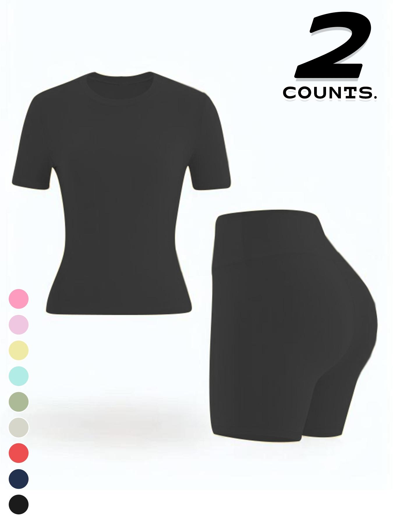 Women's Sport Yoga 2-Piece Set, Plain Short Sleeve T-Shirt and High Waist Shorts, Breathable Gym Running, All Seasons