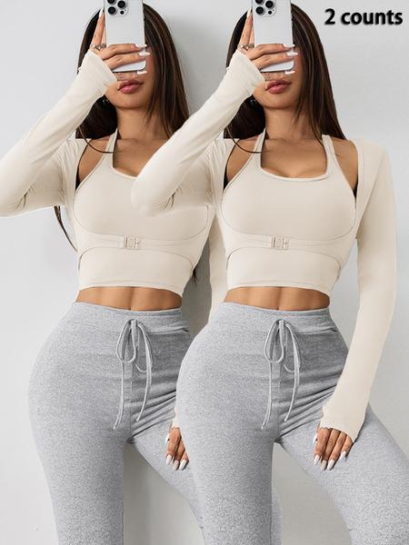 Women's Two-Piece Set, Halter Crop Tank Top & Thumb-Hole Sports Tee, Sleeveless Cami & Buckle-Front Top, Gym Yoga Exercise Clothing for Women, Sportswear For Gym