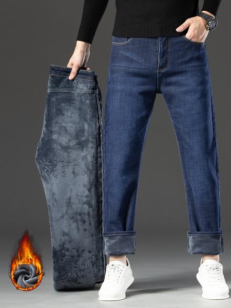 Men's Fleece Lined Denim Jeans, Loose Straight Leg Long Pants, Warm Cotton Elastic Business Style, Fall Winter Fashion