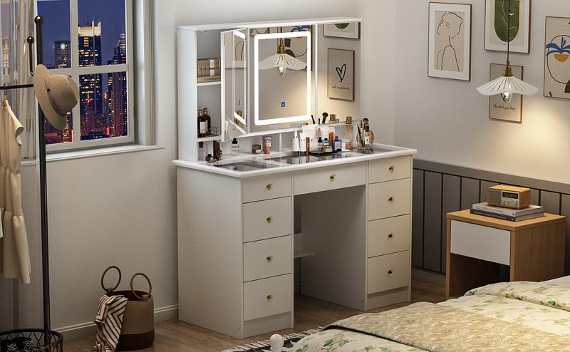 FUFUGAGA-43.3"W Vanity Desk With 9 Drawers, Makeup Desk With 3-Mirror And Touch Screen Light, Dressing Makeup Table For Bedroom