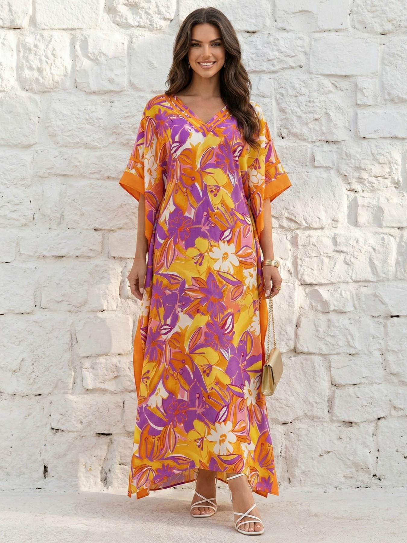 EDOLYNSA Leopard kaftans for woman caftan beach printing Moo Moo Dress casual cover up Bohemian daily wear Soft Homewear vacation party long dress lounge wear Q1615 Womenswear