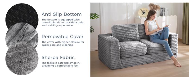 MAXYOYO Bean Bag Chair, Two-seat Bean Bag Sofa with Pillows and Armrests for Adults, Upholstered Loveseat Floor Sofa Couch Fluffy Chair Bean Bag Couch for Bedroom Living Room