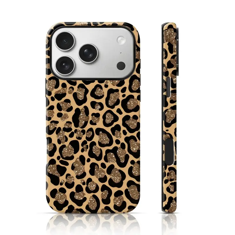 Leopard Print Double-Layer Shockproof TPU Protection Phone Case - Gold Black, Cheetah/Animal Print Multi-Model Fit Casing for iPhone 17/16/15 Pro Max/15/14/13/12 , Cellphone Accessory, Cheetah Print
