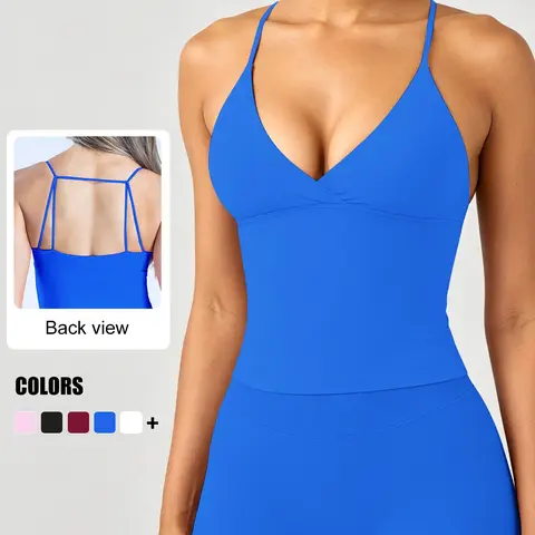 Women's Backless V-Neck Cami Top, Womenswear Sports Slim-Fit Spaghetti Strap Summer Top for Workout and Gym, Soft Lightweight and Breathable Fabric, Trendy Basic Sleeveless Top, Breathable Sleeveless Tops