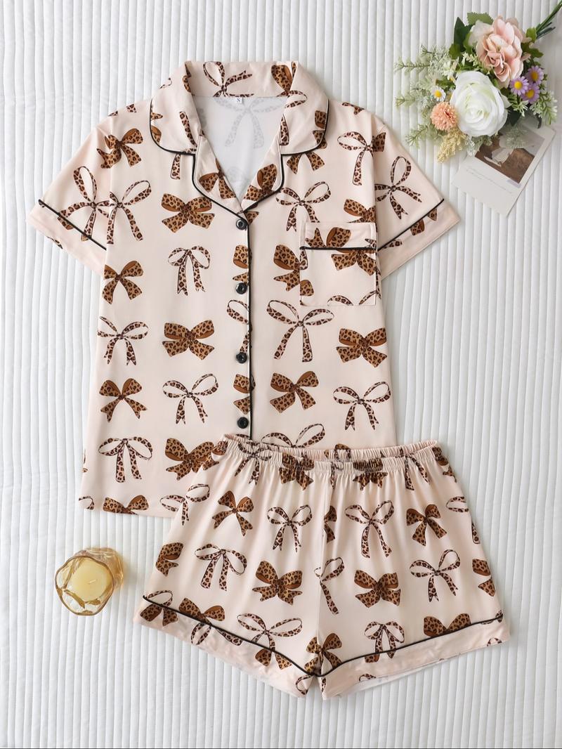 Women's Leopard Bow Print Sleepwear Set, Casual Fitted Short Sleeve Top & Loose Comfortable Shorts, Elegant Ladies' Nightwear