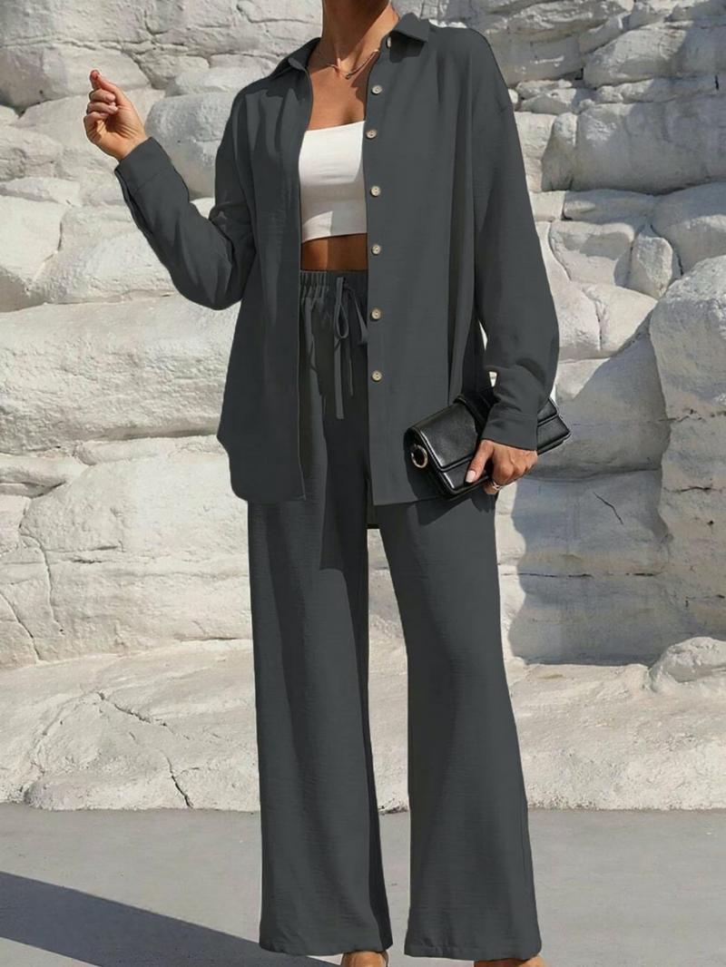 Lm131 Tie Front WideLeg Pants With Pockets & Women's Solid Button Front Shirt Two-piece Set,Casual Modest Outfit, Casual Fashion Set