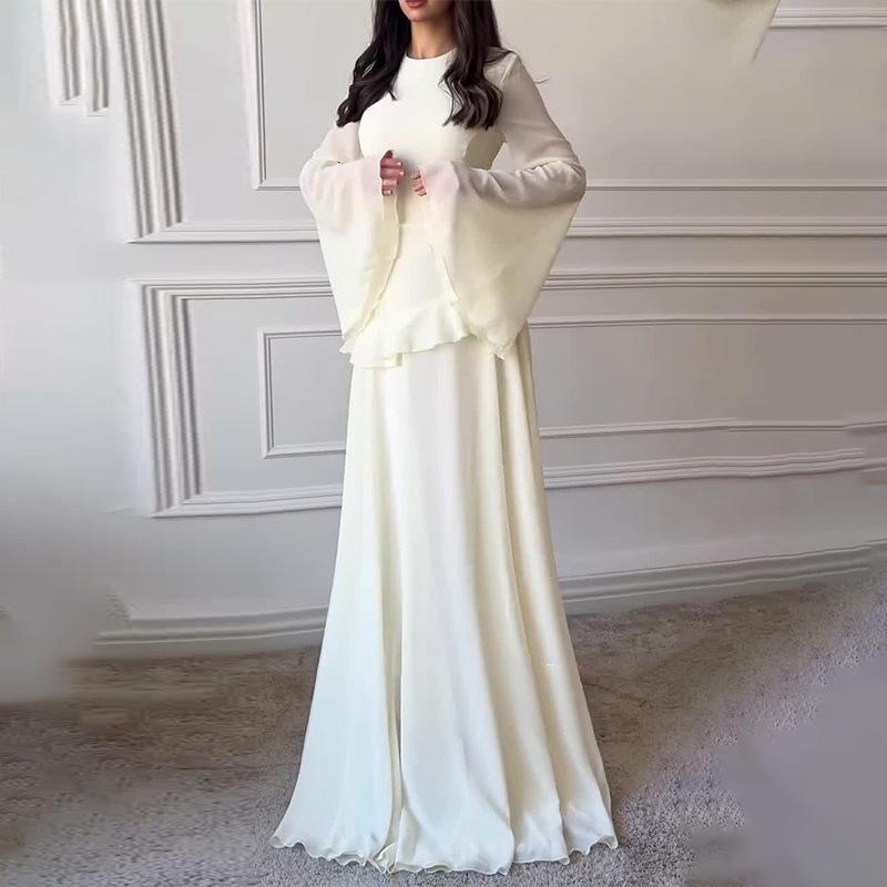 Women's Slim Round Neck Solid Bell Sleeve Floor Length Formal Garment - Polyester Blend, Elegant Fit, Ideal for Graduation, Formal Parties, Available in XXXL (Womens Dresses)