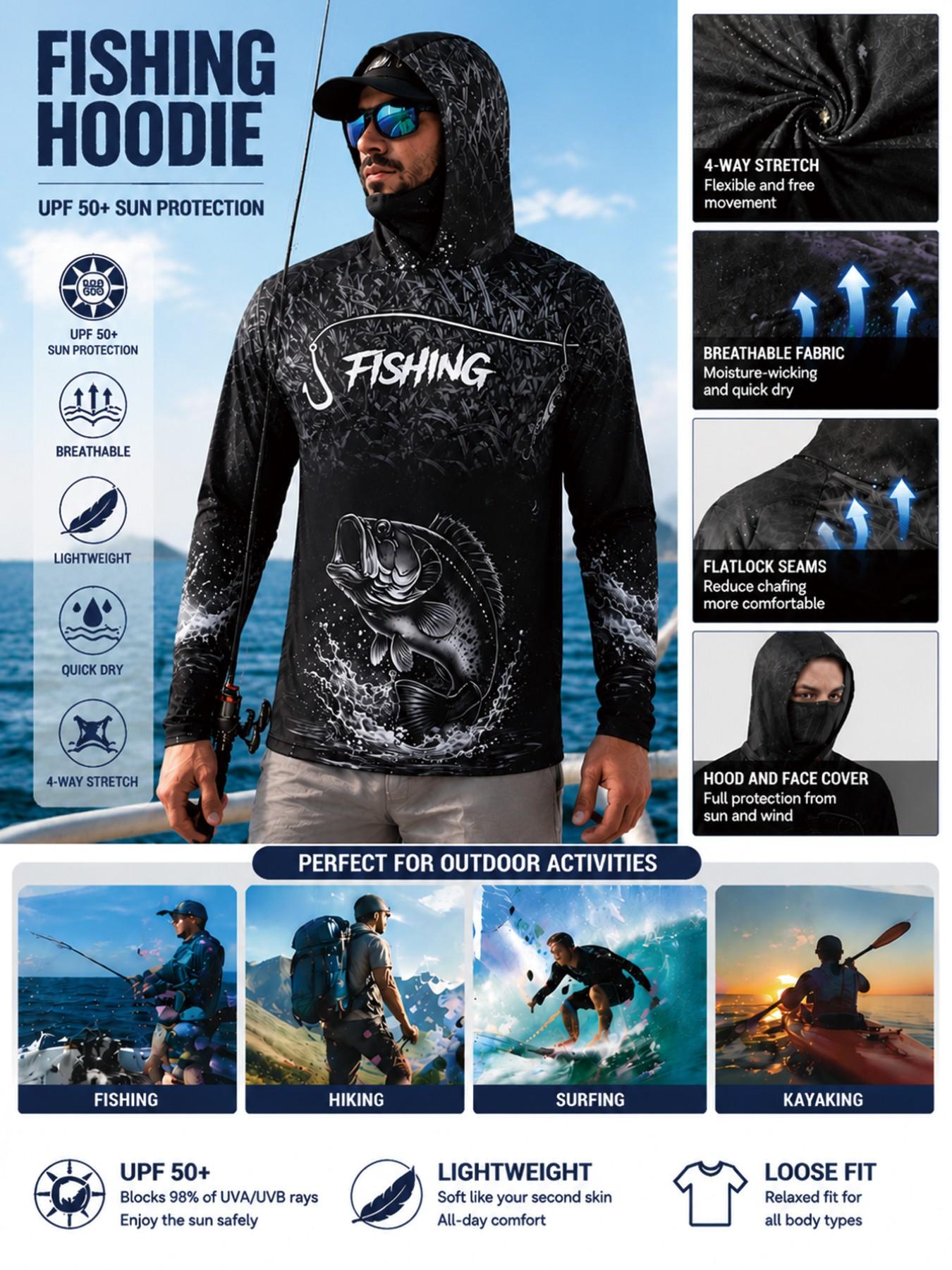 Men's Long Sleeve Hooded Fishing Shirt with Face Mask, Gradient Color Outdoor Fishing Clothing, Sun Protection Fisherman