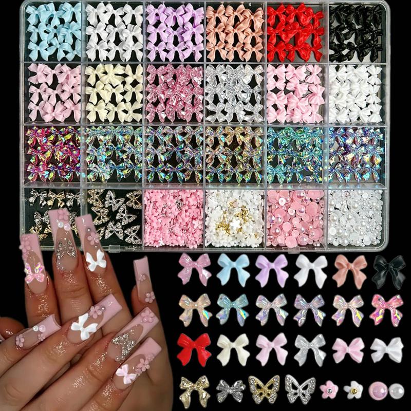 1Box 3D Classic Bowknots Resin Nail Charms Sold Color Ribbon Bow Light Luxury Hollowed Butterfly Alloy Nail Art Decorations DIY Manicure Supplies Nail Art Design