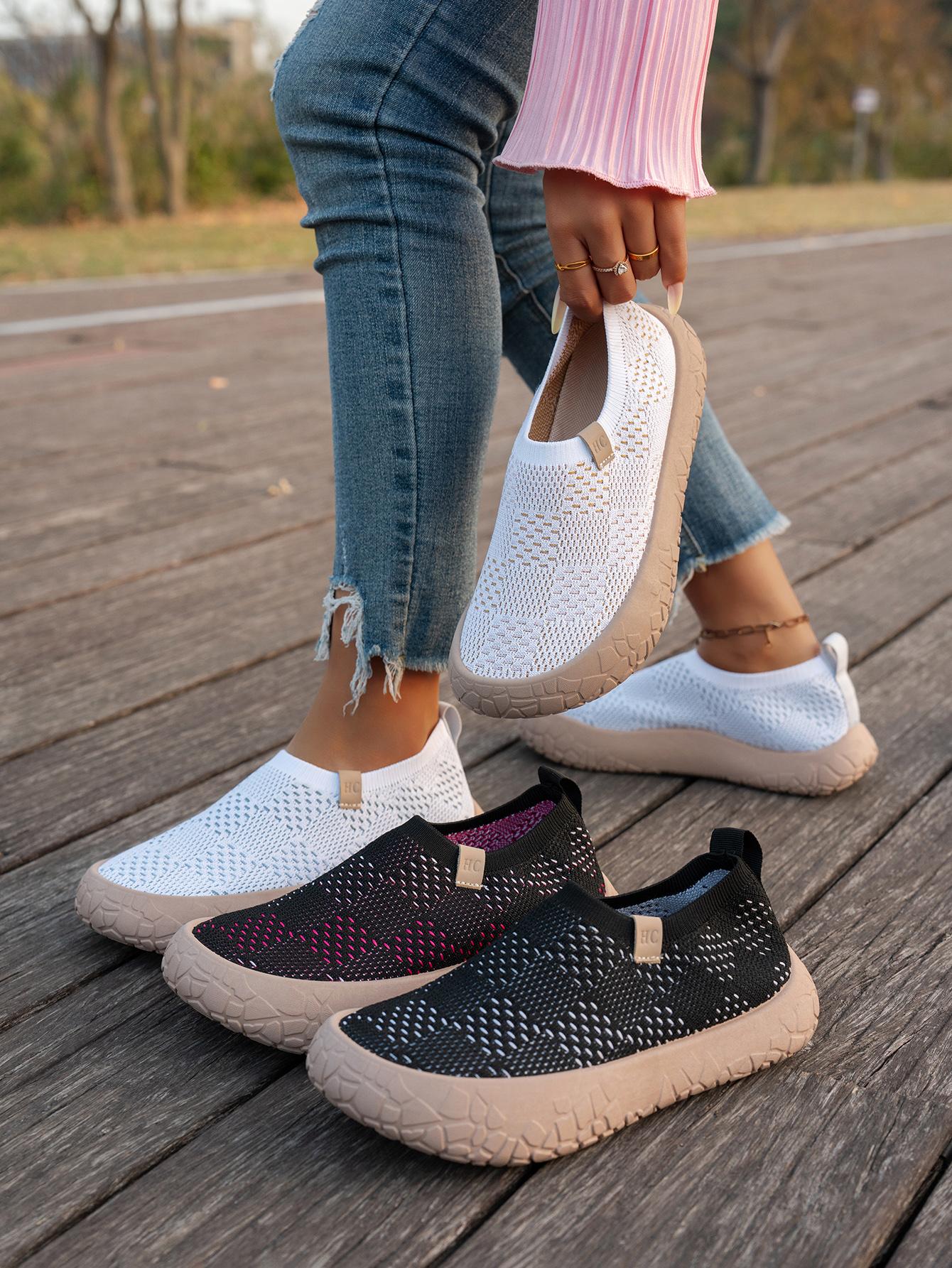 New Women's Casual Knit Slip-On Shoes, Breathable Rubber Sole, Round Toe, Medium Width, All-Season Comfort, No Laces, Easy On/off, Rubber Slip Ons, Slipon, Slip Ins Shoes