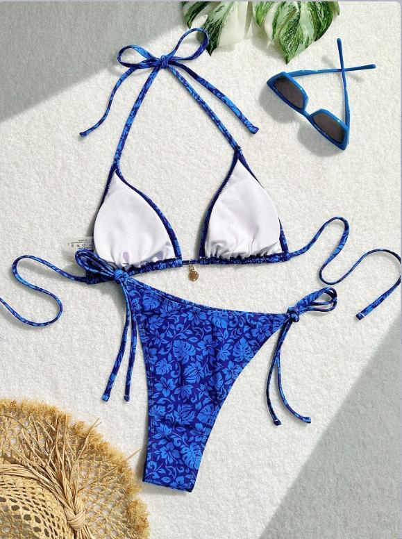Women's Blue Textured Triangle Bikini Set, Halter Neck Tie Design, Sleeveless Thong Bottoms, Perfect for Beach Vacation & Pool, Floral Bikini Bottom