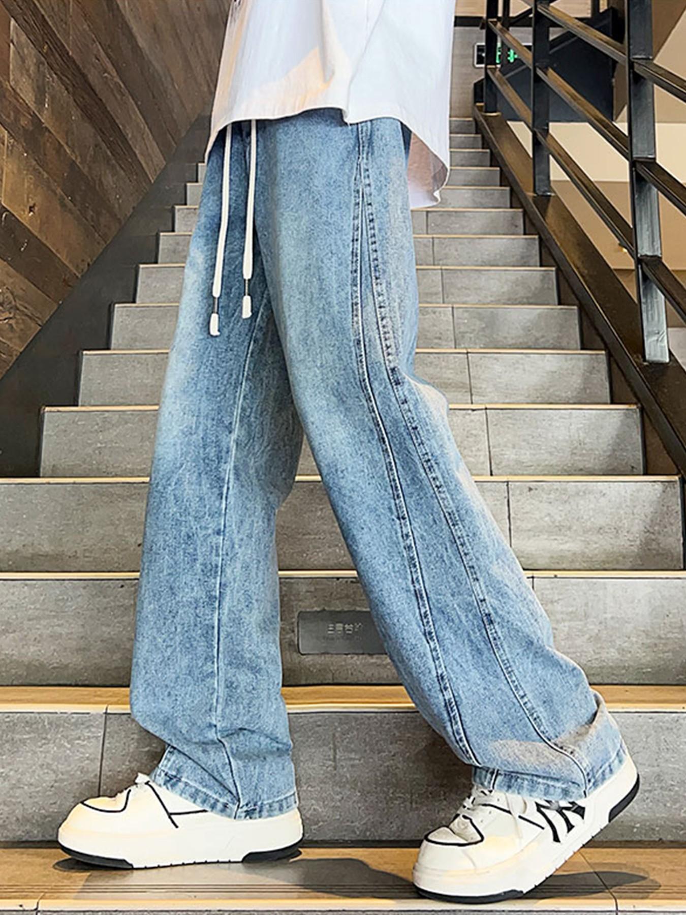 Men’s Light Blue Washed Jacquard Jeans with Drawstring Waist and Vertical Panel Seams, Baggy Wide Leg Y2K Streetwear Denim Pants