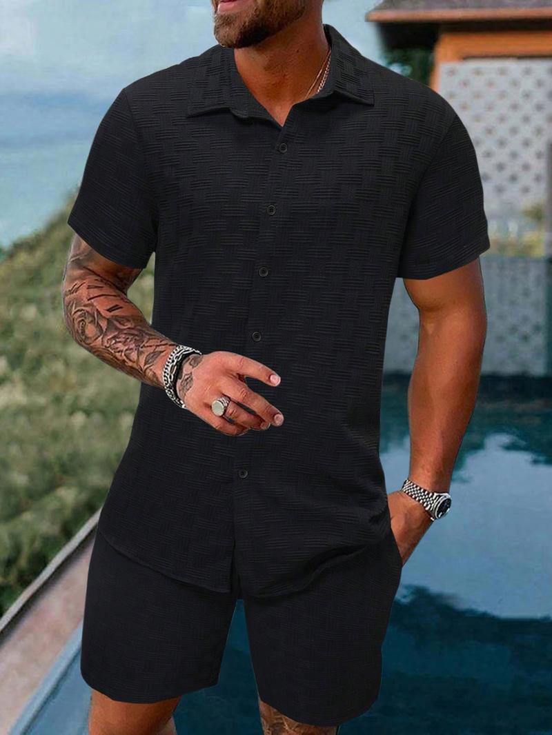 Two-Piece Set Men's Solid Textured Short Sleeve Shirt & Shorts, Regular Fit Casual Comfy Button Down Top & Shorts for Summer, Men's Clothes for Beach Vacation
