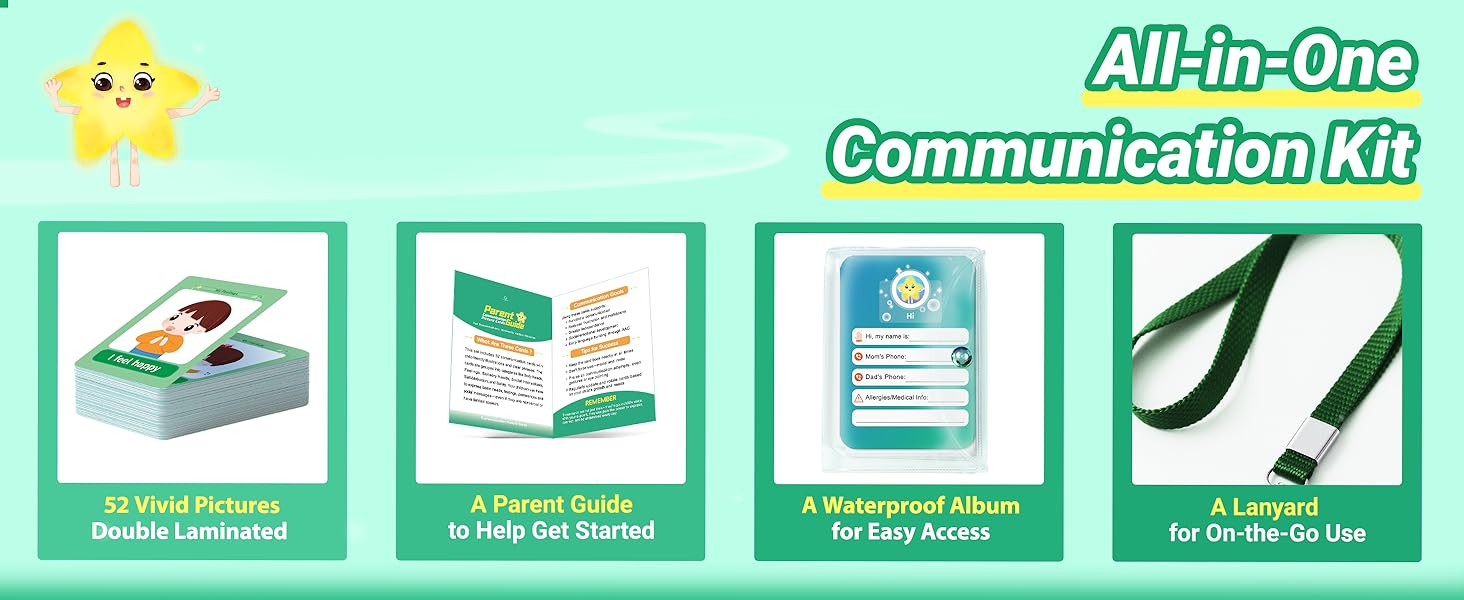 Communication Cards for Nonverbal Kids- 52 Flash Cards with Water Proof Album and Lanyard for Special Needs, Autism | PECS, AAC, Therapy Materials, Speech Delay Learning Materials