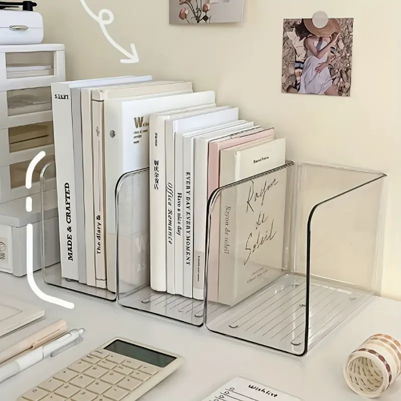 Transparent file storage box and acrylic desktop bookshelf, used for organizing books and office supplies on the desk, plastic magazine and file organizer, suitable for desktops, bookshelves, home or office - stylish book and file storage