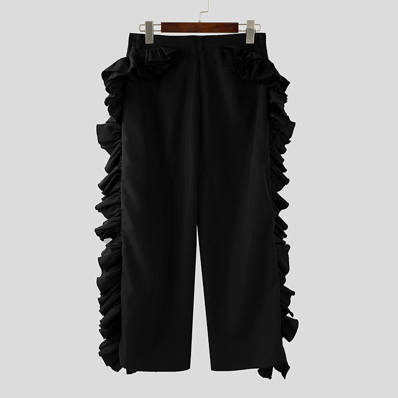 INCERUN Mens High Waist Zipper Ruffles Holiday Party Casual Loose Bottoms Wide Leg Trousers Long Pants
