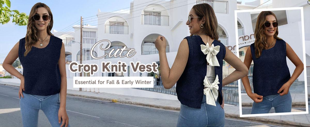 SCUSTY Women's Casual Cropped Sweater Vest Knitted Cardigan with Bow Tie Back Tank Top