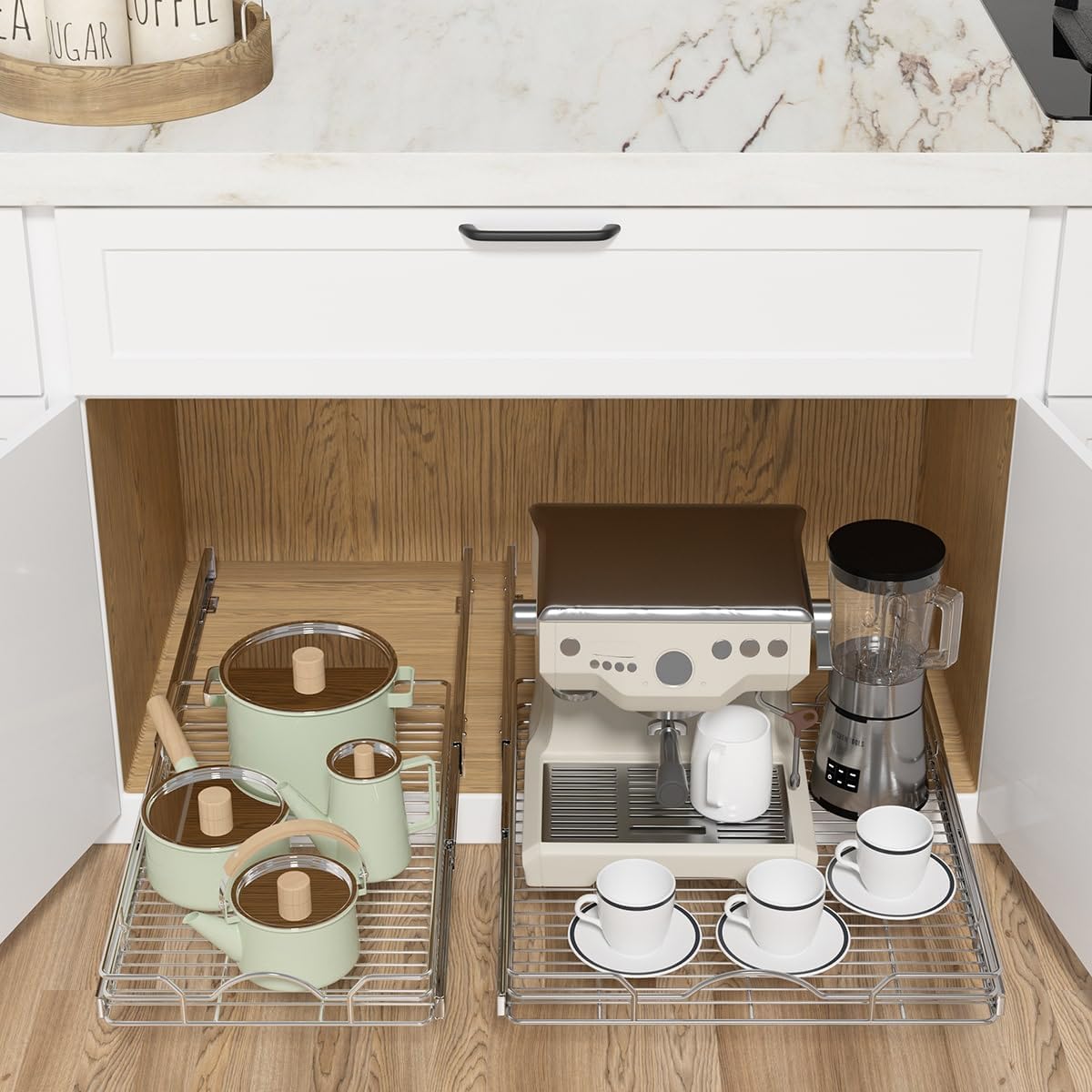 Pull Out Cabinet Organizer 2 Pack (12" W x 21" D), Pull out Shelves 1 Tier, Cabinet Slide Out Shelves for Base Cabinet Organization in Kitchen Bathroom Pantry, Bottom Mount, Chrome Finish