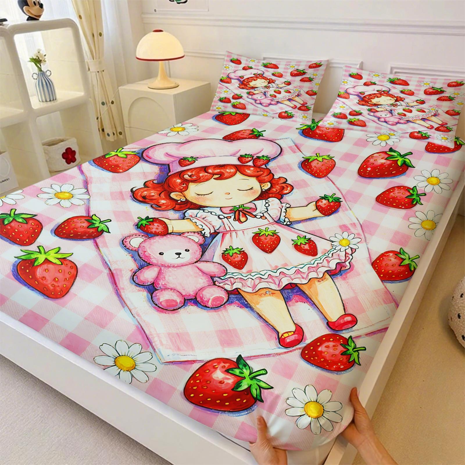 Strawberry Sweetheart Fitted Sheet Set and 2 Pillowcases No Core, Bright Colors, Watercolor Style Characters Collection, Soft Anti-Slip Wrinkle-Resistant, Fairy-Tale Girls Room, Kids Room Decor, Gift Idea
