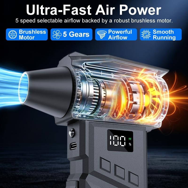 Brushless Turbine Mini Hair Dryer, Five-Speed Adjustable, Rechargeable, Portable Electric Fan, Ideal for Car, Computer, Home, Outdoor Use