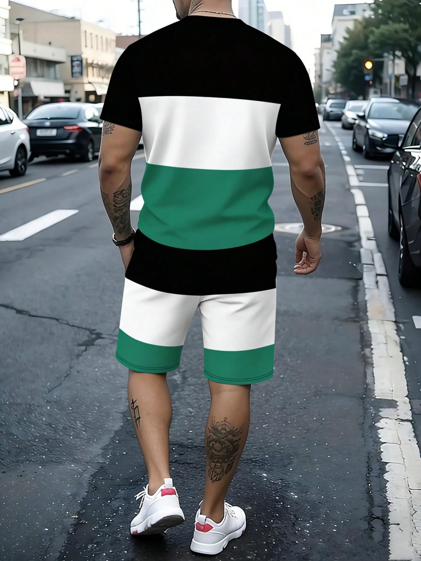 Men's Striped Colorblock Paris Letter Print Round Neck Short Sleeve T-Shirt and Zip Waist Shorts Set, Casual 2-Piece