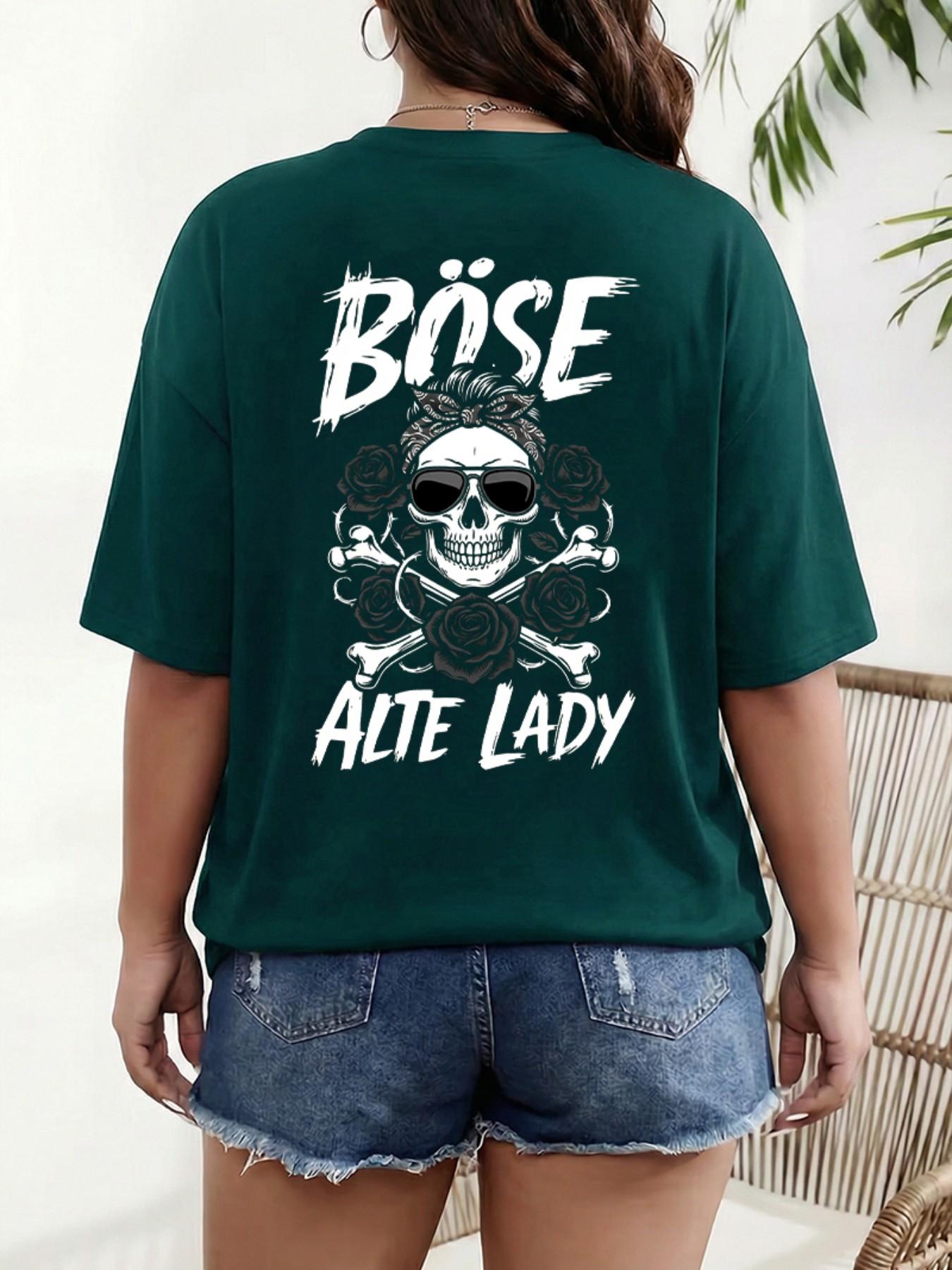 German Retro Design Böse Alte Lady Skull Rose Print Plus Size T-Shirt, Loose Shoulder Pure Cotton Short Sleeve, Casual Summer Top