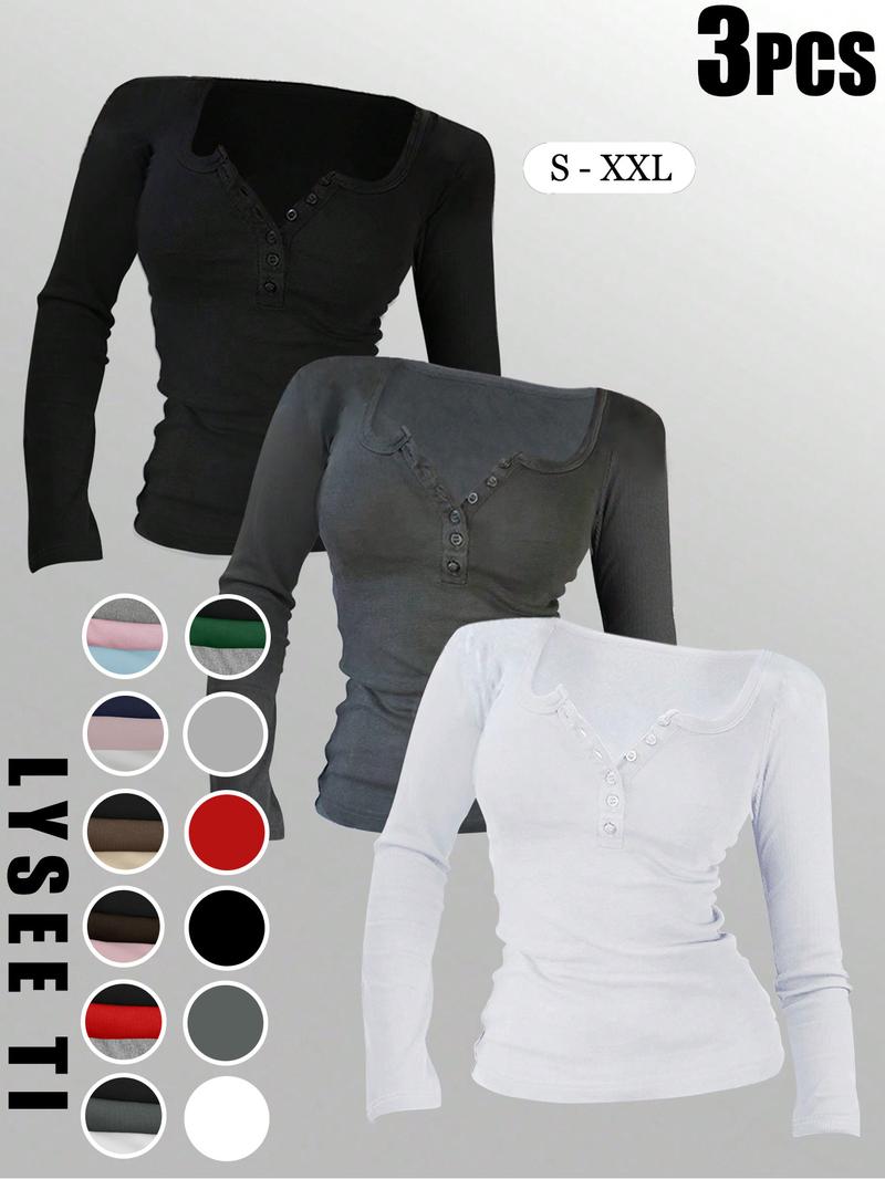 3pcs Autumn And Winter Women'S Casual Fashion Sporty Tee Set, With Multi Button Design, Solid Color Round Neck Long Sleeved Top