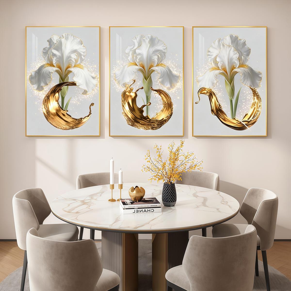 3 Counts Aluminum Alloy Framed Painting, Elegant White Iris And Golden Splash Art Pictures, Home Decoration For Living Room, Bedroom, Office, Restaurant, Hallway Wall Decor, Odorless Print Artwork, Luxury Perfect Gift For Friends And Family