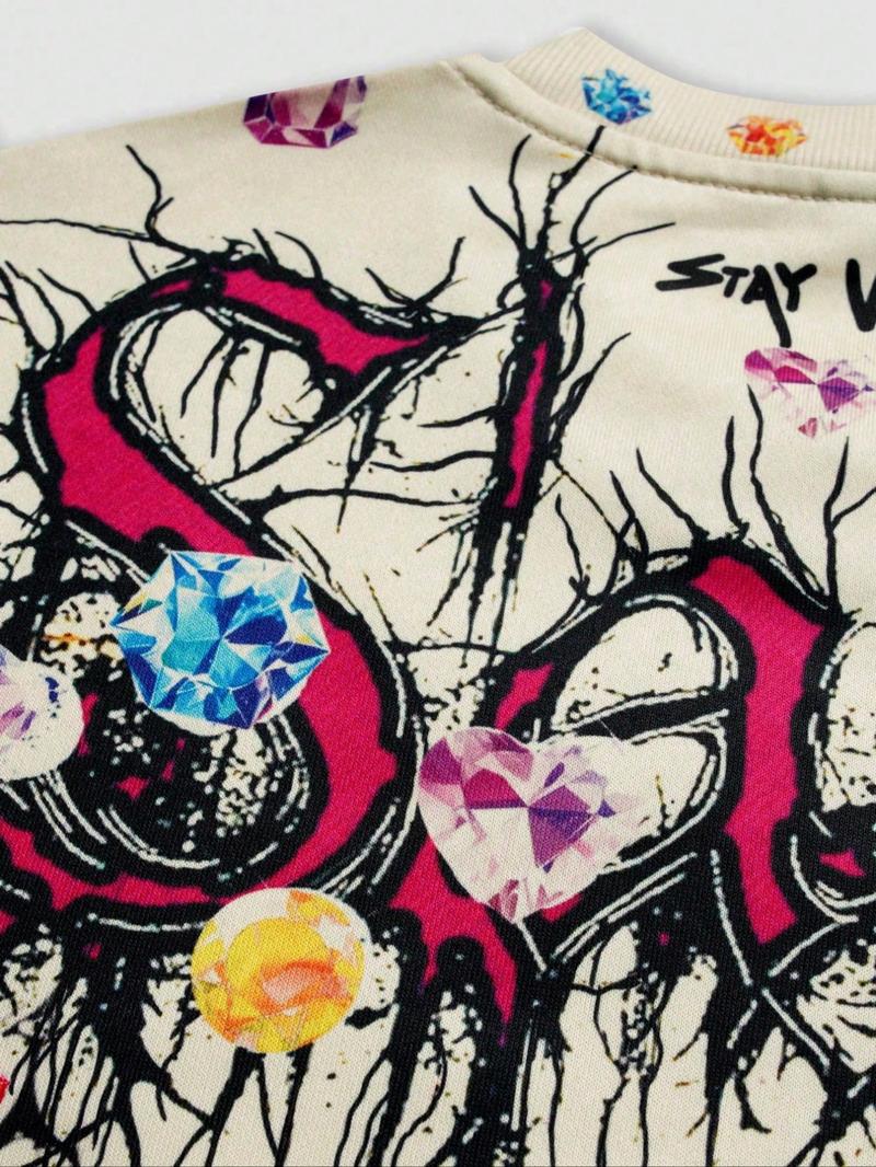 Men's Vintage Street Style Saint Print Long Sleeve Round Neck T-Shirt, Loose-Fitting Short Top for Fall, 2000s Fashion