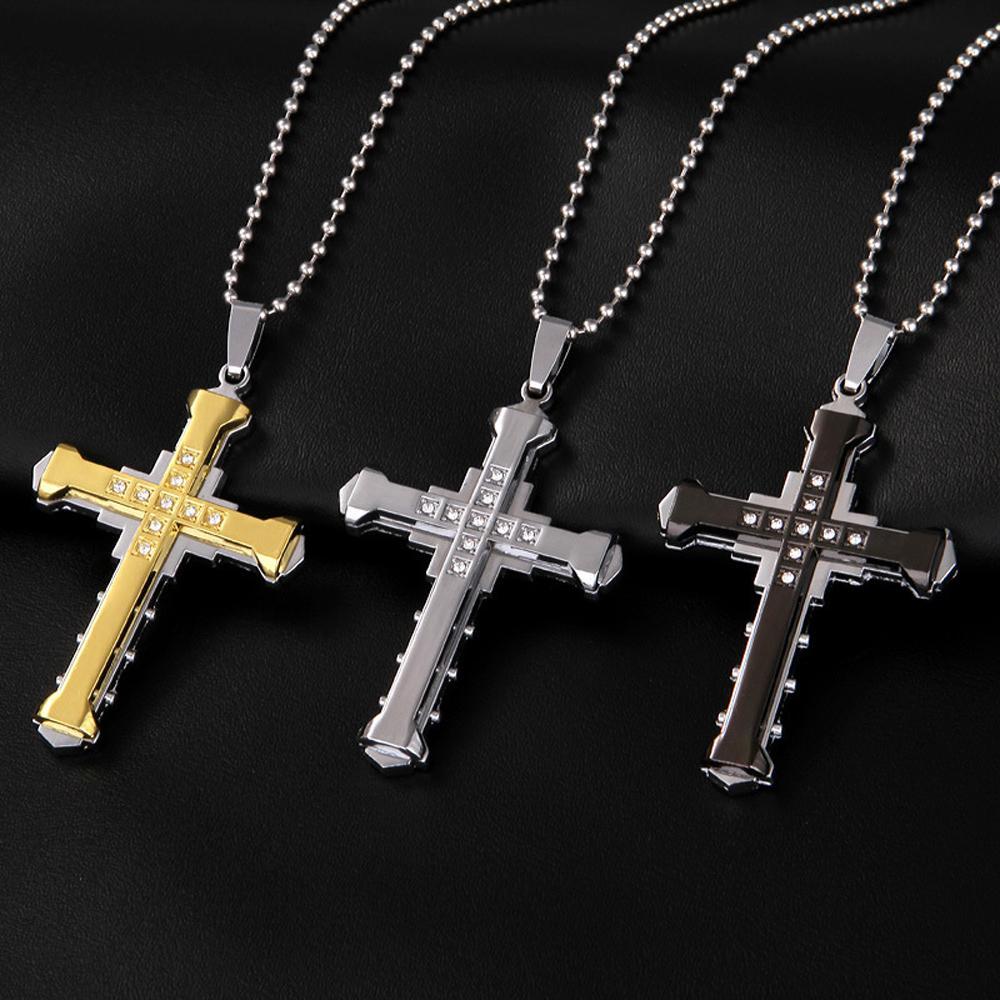 Trending Men's Crystal Cross Jesus Pendant Necklace - Gold/Black/Blue Zirconia, Stainless Steel Costume Jewelry, Jesus Piece, Jeweled Cross, Crucifix Graphic Necklaces, Cross Necklaces