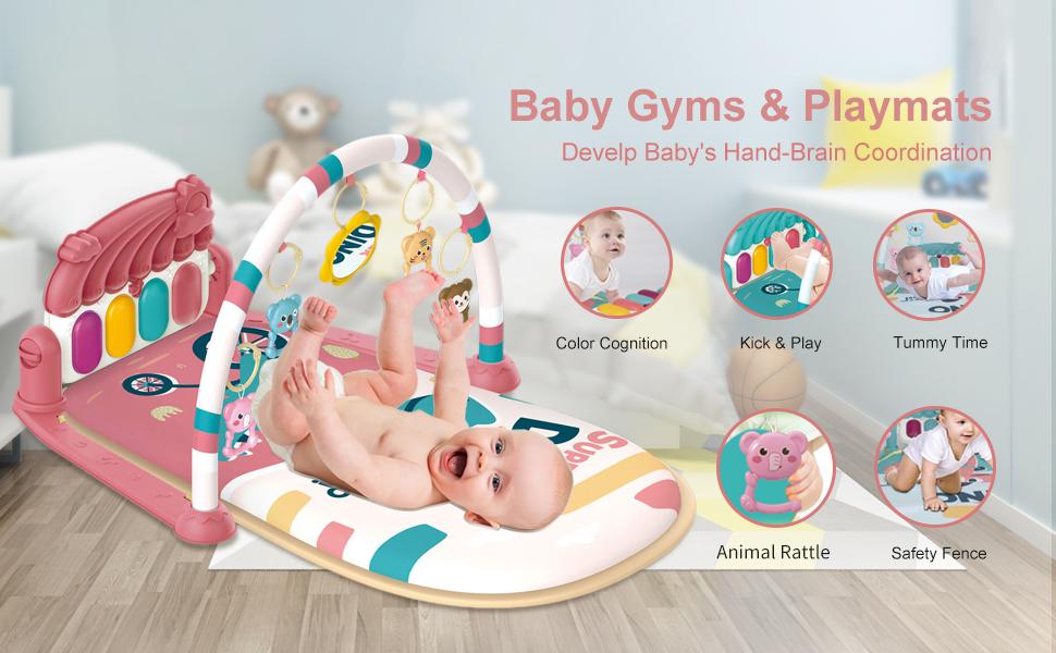 Baby  Play Mat Baby Gym, Piano Tummy Time Baby Activity Gym Mat with 5 Infant Learning Sensory Baby Toys, Music and Lights Boy & Girl Gifts for Newborn Baby(Pink)