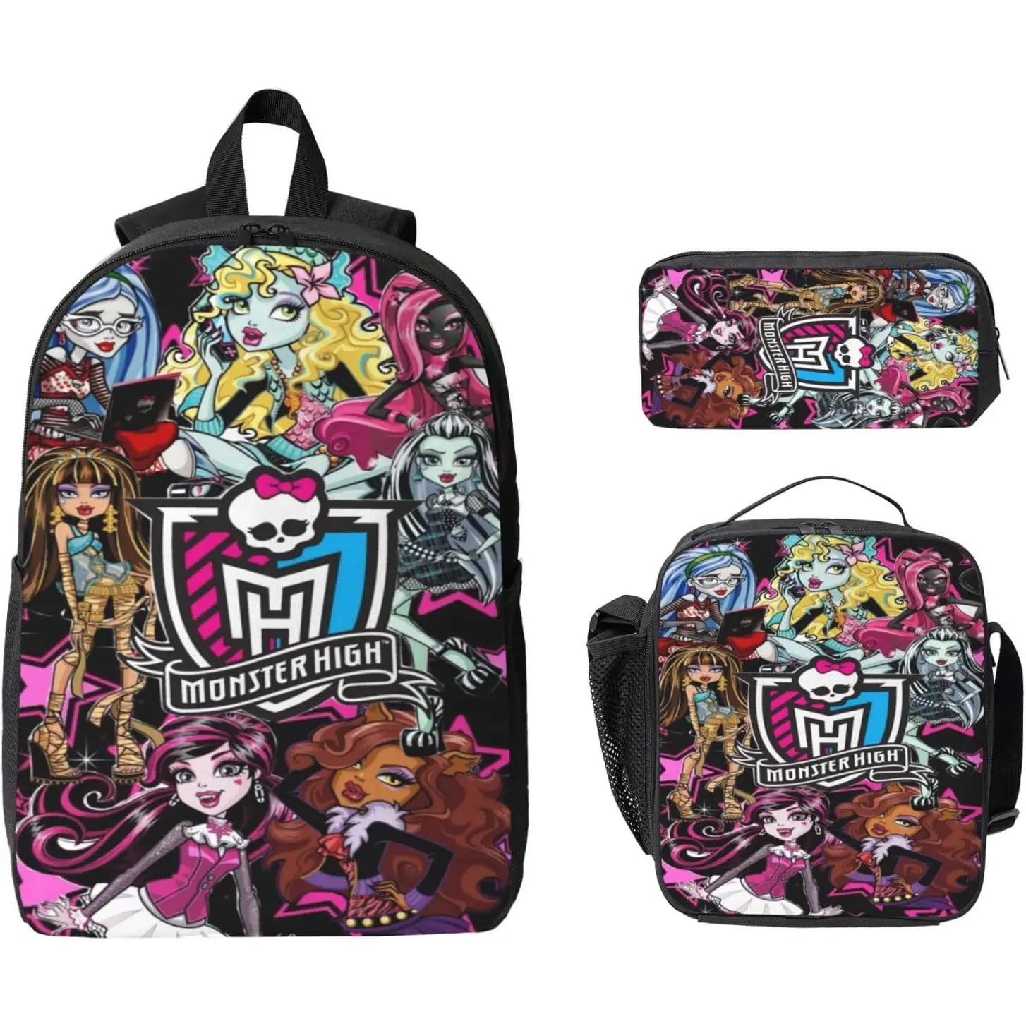 Cute Monster High School Print Backpack, suitable for Monster High dolls. This backpack set includes multiple zipped pockets. It is a lightweight travel backpack and is an ideal gift for Halloween and Christmas.Gothic style backpack