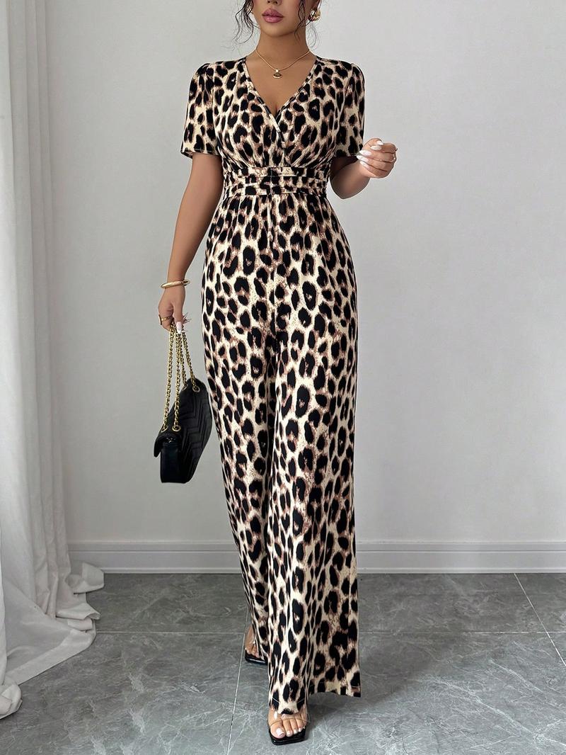 Women's Leopard Print V-Neck Jumpsuit Y2K, Waist Cinched Pleated Design, Wide Leg, Comfortable Fitted Fabric, Perfect for Dates and Outings