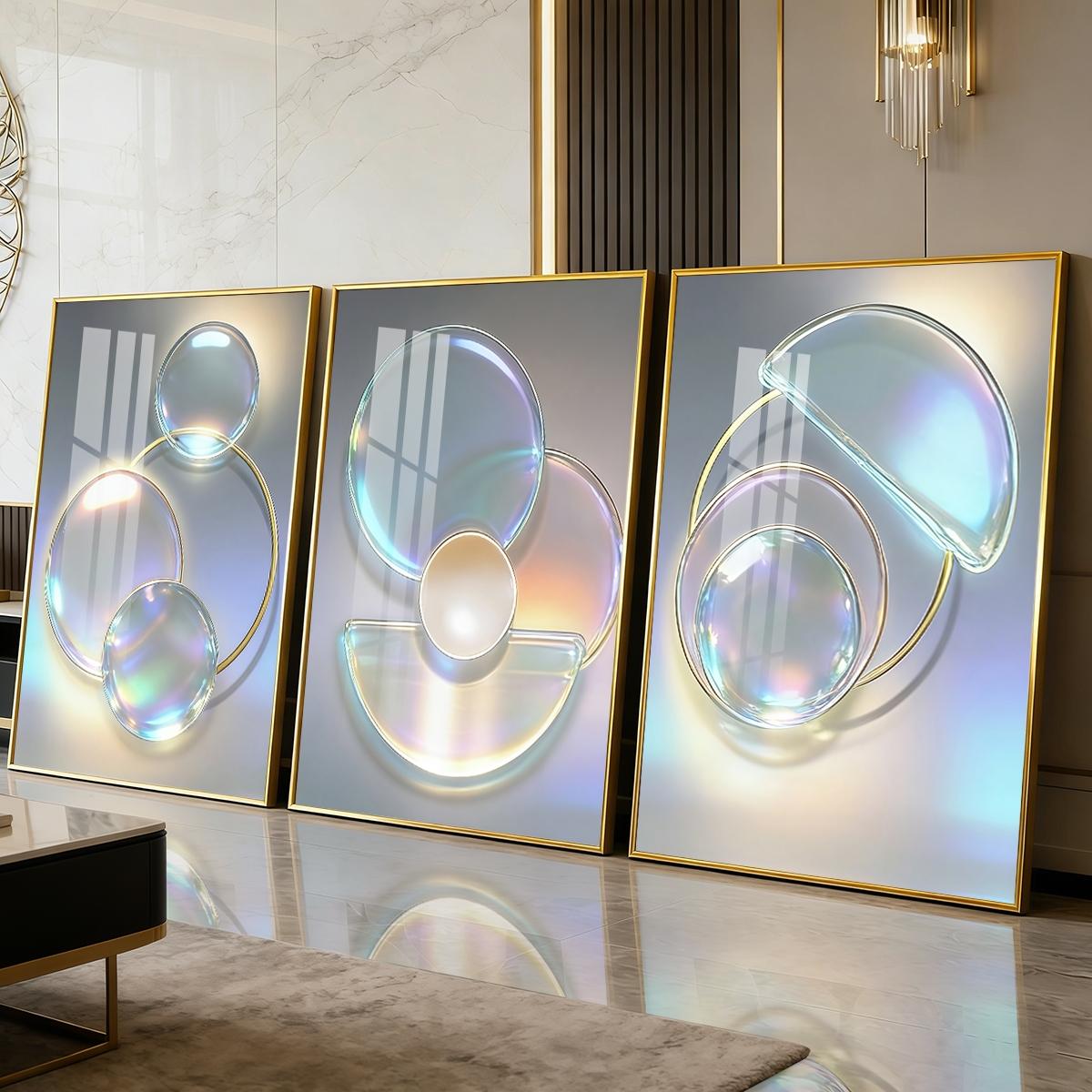 3 Counts Aluminum Alloy Framed Painting, Abstract Iridescent Glass Circles Design, Home Decoration For Living Room, Bedroom, Office, Restaurant, Hallway Wall Decor, Odorless Print Artwork, Luxury Perfect Gift For Friends And Family