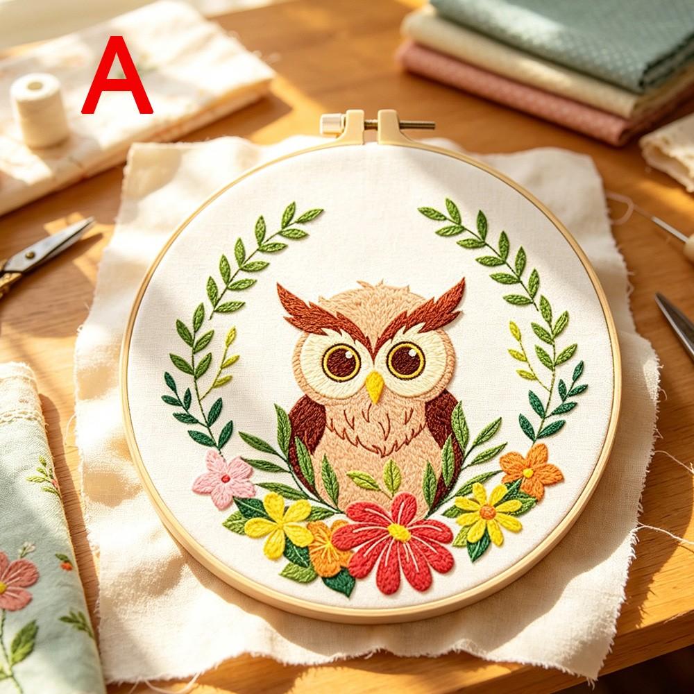 Animal Theme Embroidery Kit for Beginners, Owl Pattern Hand Sewing Set, Includes Fabric, Threads, Tools, Hoop, Instructions, Home Decor, Gift