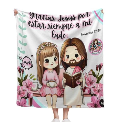 White Base Pink Floral Chibi Jesus Little Girl Spanish Bible Verse Flannel Throw Blanket Christian Spanish Thank You Jesus Religious Comfort Blanket Hispanic Catholic Faith Spiritual Gift 30*40in 40*50in 50*60in 60*80in US Local Shipping cooling blankets