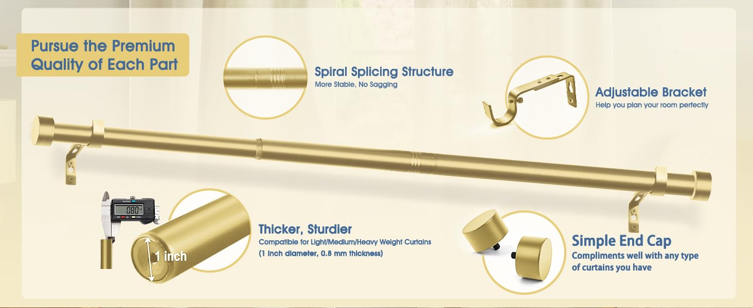 Curtain Rods for Windows, 1 Inch Curtain Rod Set, Heavy Duty Drapery Rods with Adjustable Curtain Rods, Outdoor Curtain Rod with Simple End Caps, Room Divider Curtain Rod, Gold Outdoorfun Interior Decoration Accessories